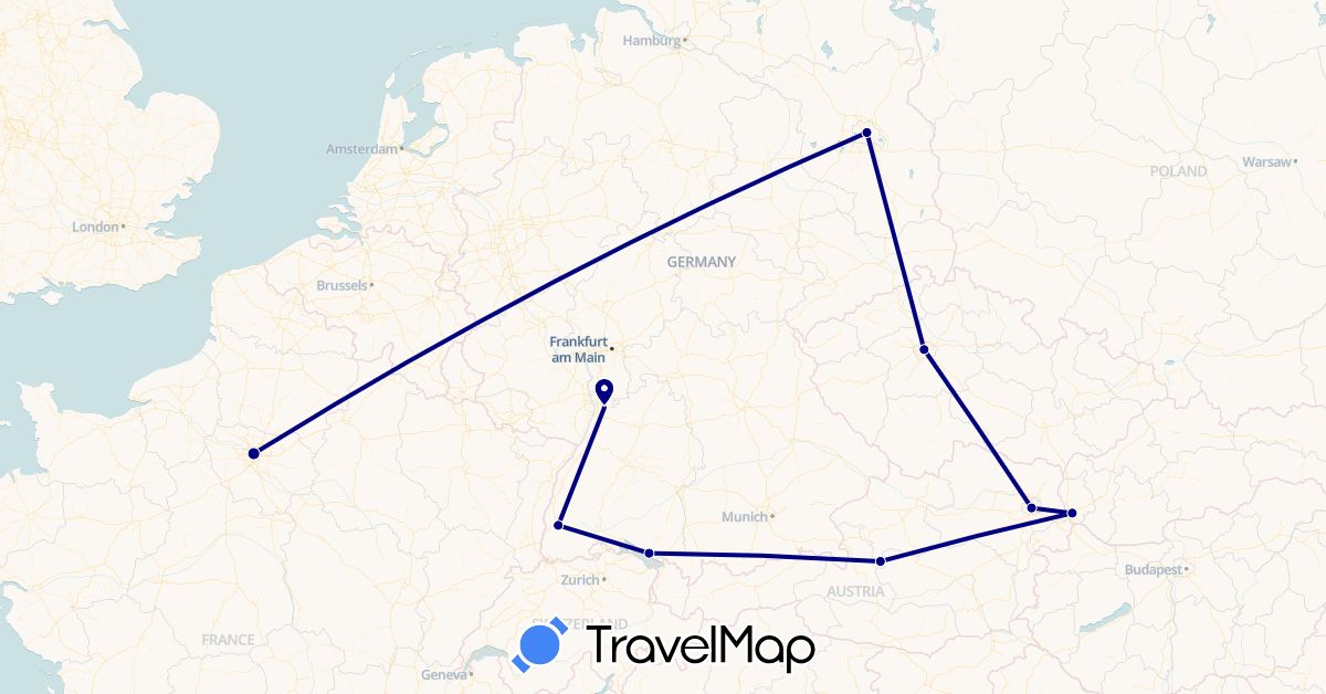 TravelMap itinerary: driving in Austria, Czech Republic, Germany, France, Slovakia (Europe)